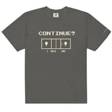 Pepper Continue? Pickleball Arcade Tee in a front flat lay, with pixel CONTINUE? lettering, a pickleball court and YES selected.