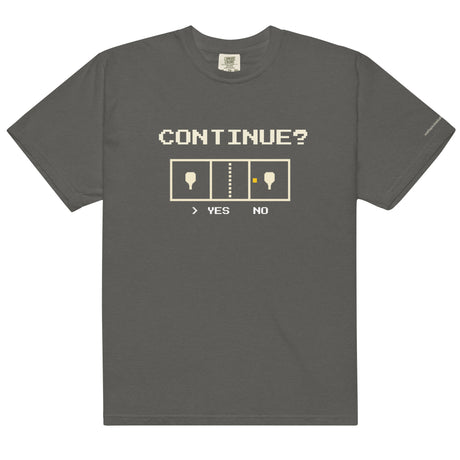 Pepper Continue? Pickleball Arcade Tee in a front flat lay, with pixel CONTINUE? lettering, a pickleball court and YES selected.
