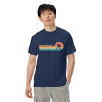 True Navy Sunset Court Pickleball Tee, modeled from the front with sunset stripes and a player silhouette.