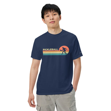 True Navy Sunset Court Pickleball Tee, modeled from the front with sunset stripes and a player silhouette.