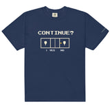 True Navy Continue? Pickleball Arcade Tee in a front flat lay, with pixel CONTINUE? lettering, a pickleball court and YES selected.