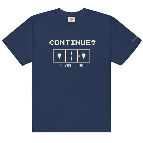 True Navy Continue? Pickleball Arcade Tee in a front flat lay, with pixel CONTINUE? lettering, a pickleball court and YES selected.