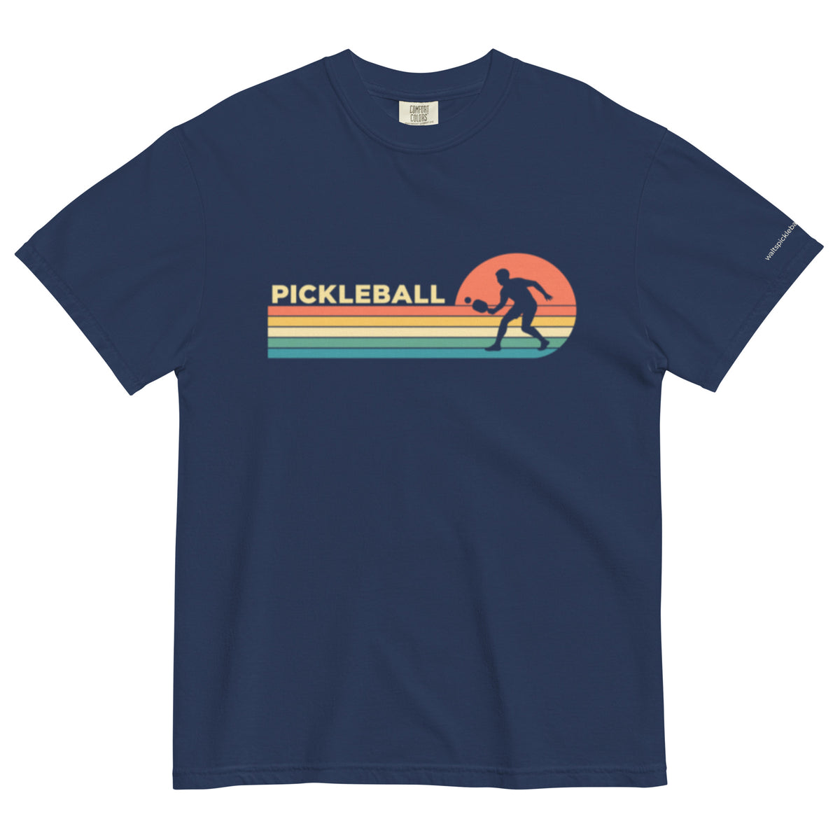 True Navy Sunset Court Pickleball Tee, shown in a textured front flat lay with sunset stripes and a player silhouette.