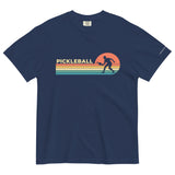 True Navy Sunset Court Pickleball Tee, shown in a textured front flat lay with sunset stripes and a player silhouette.