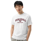 White Pickleball Athletic Dept Tee in a lifestyle model portrait, with burgundy collegiate lettering.