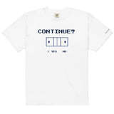 White Continue? Pickleball Arcade Tee in a front flat lay, with pixel CONTINUE? lettering, a pickleball court and YES selected.