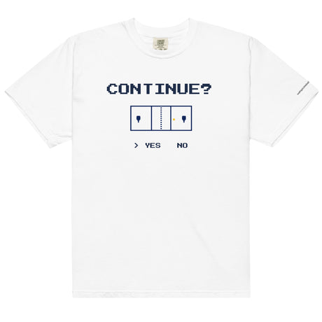 White Continue? Pickleball Arcade Tee in a front flat lay, with pixel CONTINUE? lettering, a pickleball court and YES selected.
