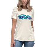 Natural Jazz Dink Women's Tee modeled from the front, with teal and purple pickleball artwork.