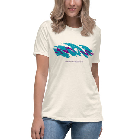 Natural Jazz Dink Women's Tee modeled from the front, with teal and purple pickleball artwork.