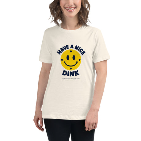 Natural Nice Dink Women's Tee modeled from the front, with a smiling yellow pickleball graphic.