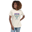 Natural Courtside Pickleball Women's Tee modeled from the front, with purple and teal retro artwork.