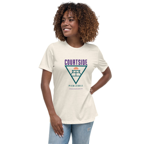 Natural Courtside Pickleball Women's Tee modeled from the front, with purple and teal retro artwork.