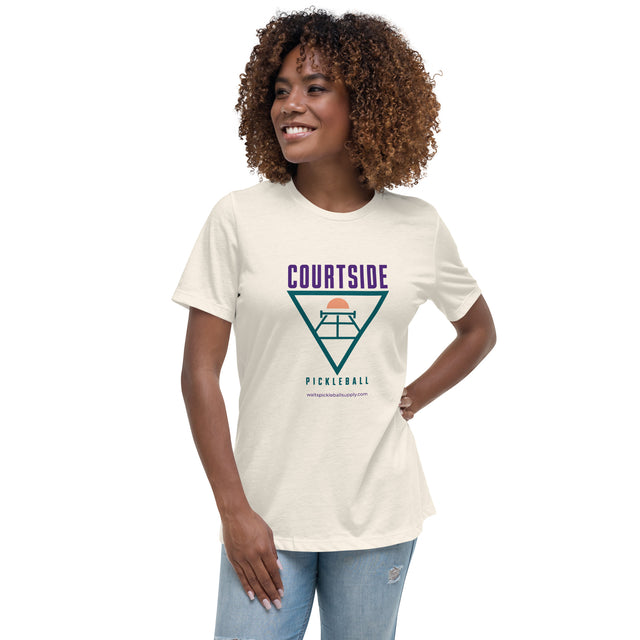 Natural Courtside Pickleball Women's Tee modeled from the front, with purple and teal retro artwork.