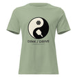 Sage Dink / Drive Balance Women's Tee on a shaped garment mockup, with a yin-yang graphic featuring a paddle and a pickleball.