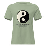 Sage Dink / Drive Balance Women's Tee on a shaped garment mockup, with a yin-yang graphic featuring a paddle and a pickleball.