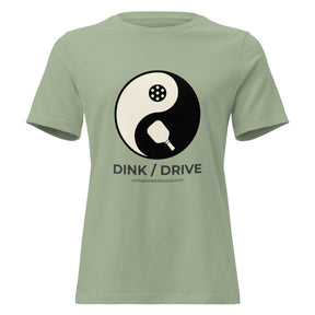 Sage Dink / Drive Balance Women's Tee on a shaped garment mockup, with a yin-yang graphic featuring a paddle and a pickleball.