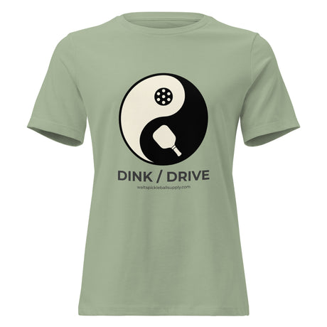 Sage Dink / Drive Balance Women's Tee on a shaped garment mockup, with a yin-yang graphic featuring a paddle and a pickleball.