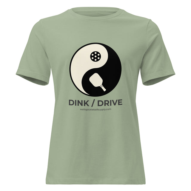 Sage Dink / Drive Balance Women's Tee on a shaped garment mockup, with a yin-yang graphic featuring a paddle and a pickleball.