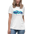 White Jazz Dink Women's Tee modeled from the front, with teal and purple pickleball artwork.