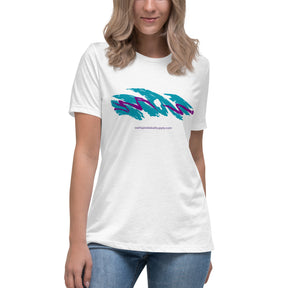 White Jazz Dink Women's Tee modeled from the front, with teal and purple pickleball artwork.