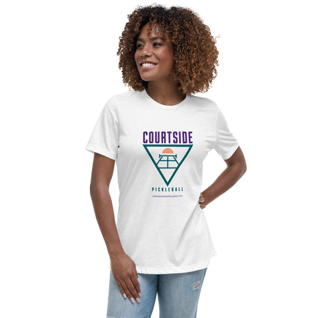 White Courtside Pickleball Women's Tee modeled from the front, with purple and teal retro artwork.