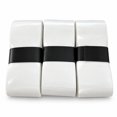Three white WPS pickleball overgrips with plain black bands